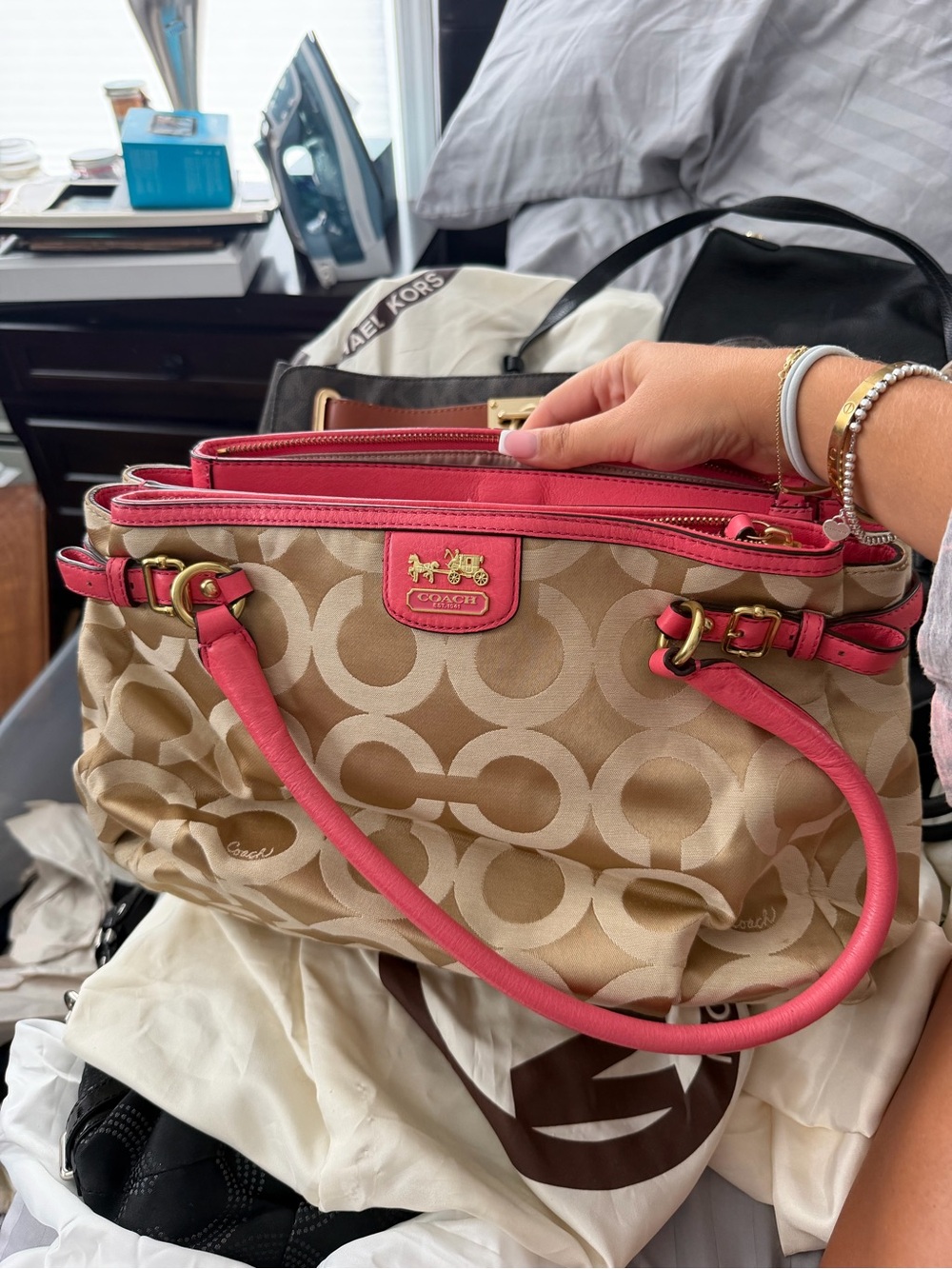 Coach Tan Signature Canvas Shoulder Bag with Pink Trim
